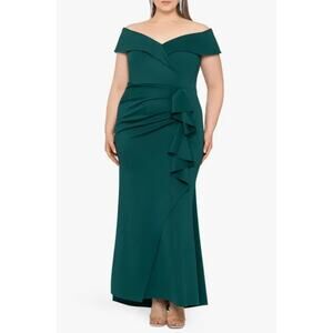 Xscape Evenings Off the Shoulder Ruffle Scuba Gown Hunter Green Size 12 NWT